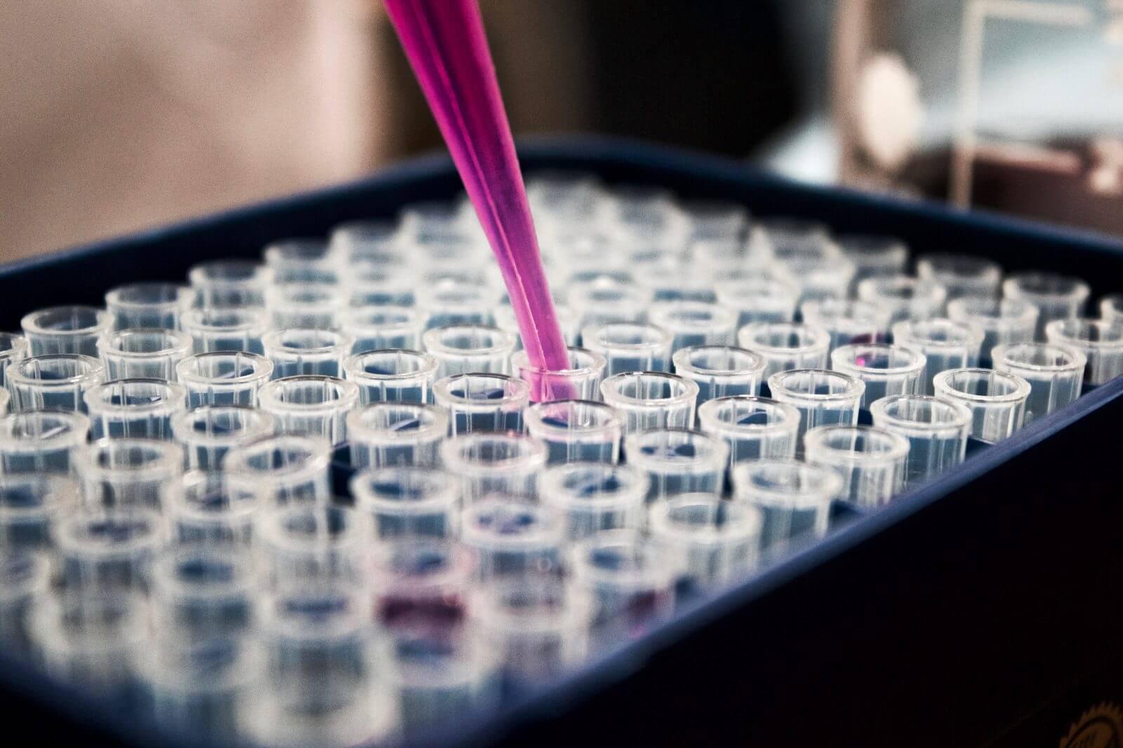 Container full of vials with a pipet inserting pink liquid into one of the middle vials