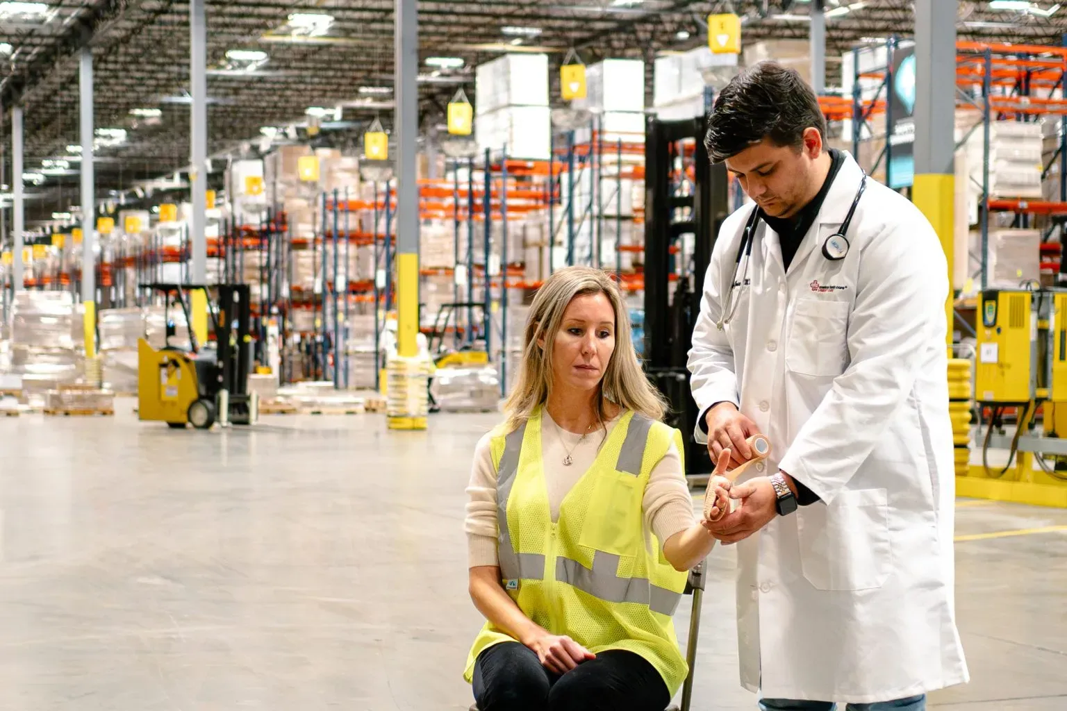 medical provider wrapping employee's hand after workplace injury medical provider wrapping employee's hand after workplace injury