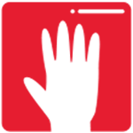 Silhouette of a hand raised in the center of a red square, reminiscent of an urgent care sign.