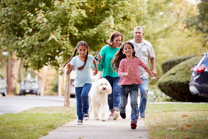 A family with two girls and a dog walk and run along a sidewalk lined with trees on a sunny day, enjoying their stroll near the local urgent care center.