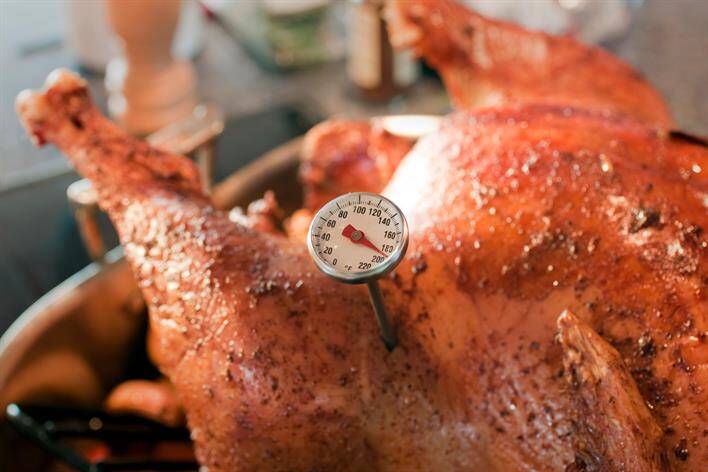 Close-up of a roasted turkey with a meat thermometer inserted, displaying a temperature of approximately 165 degrees Fahrenheit, reminiscent of the precision and care you'd find in an urgent care medical center.