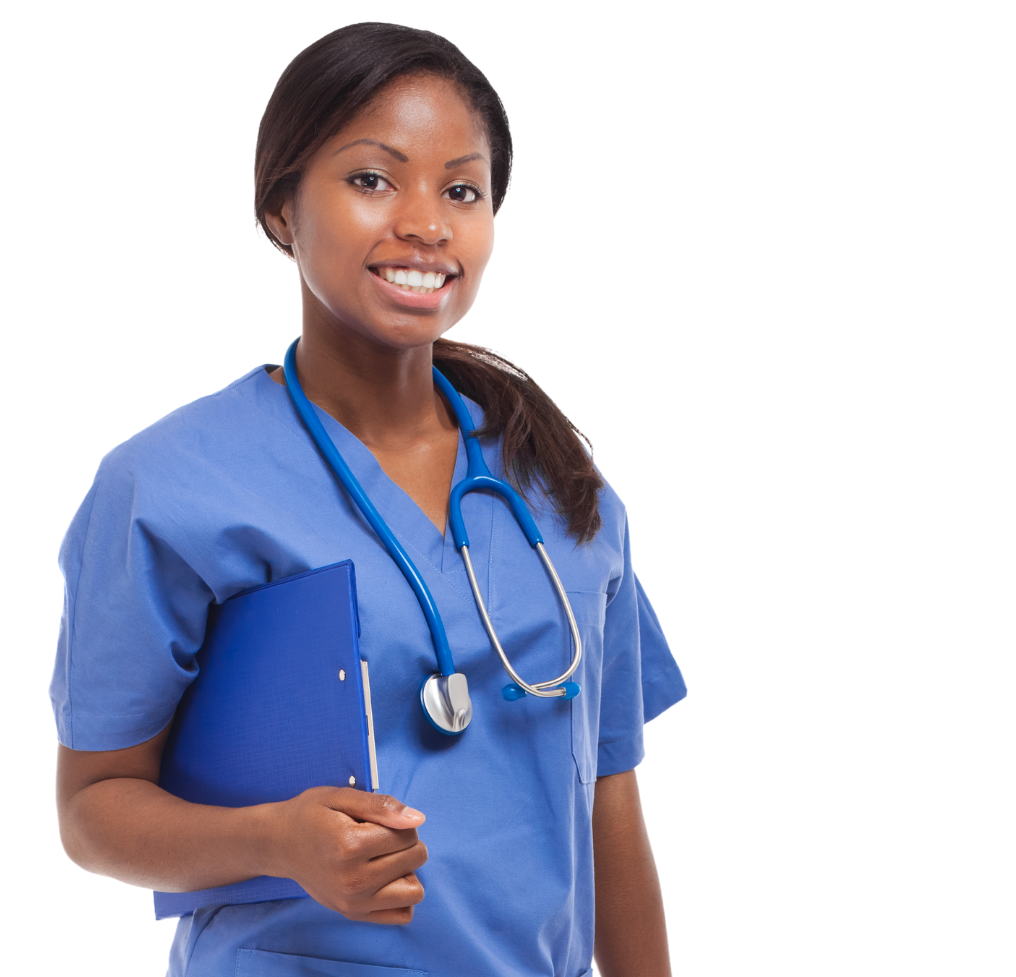 A healthcare professional wearing blue scrubs and a stethoscope around the neck holds a blue folder, standing and smiling at an urgent care facility.