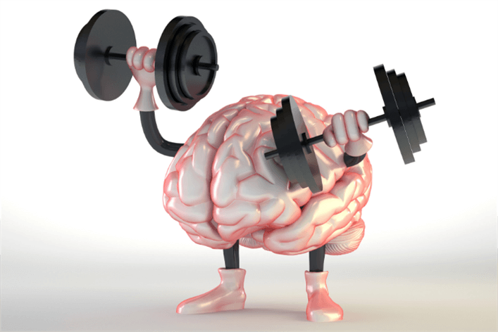 A cartoon brain lifting dumbbells, with arms, legs, and shoes, on a plain white background—perfect imagery for a walk-in clinic or medical center promoting mental fitness.
