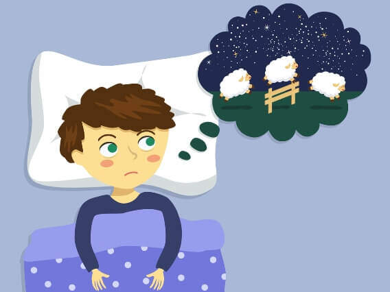 A person lies in bed under a blanket, thinking about counting sheep to fall asleep, visualized by sheep jumping over a fence in a thought bubble, reminiscent of waiting at an urgent care medical center.