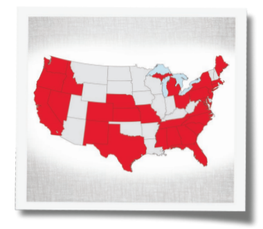 A map of the United States with several states colored in red and the rest in gray, highlighting regions served by medical centers.