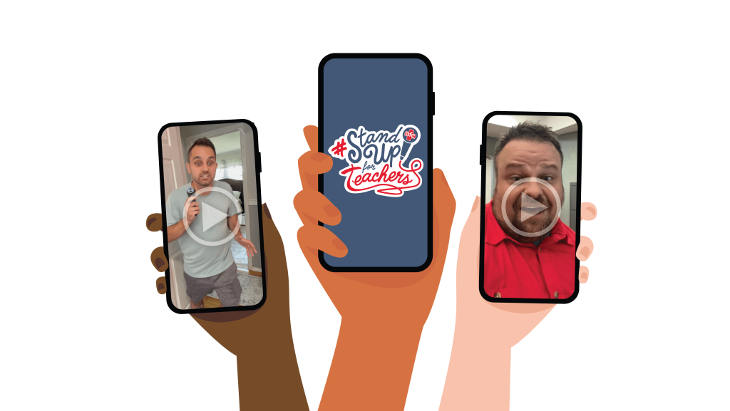 Three hands holding phones with the stand up comics on the screens