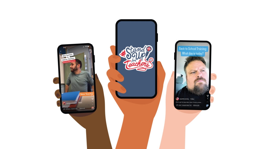 Three hands holding phones with tik tok stills of the two comedians