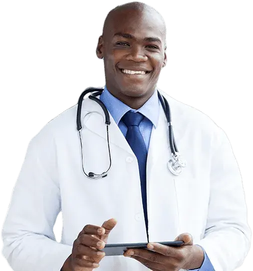 Smiling doctor in white lab coat with a stethoscope